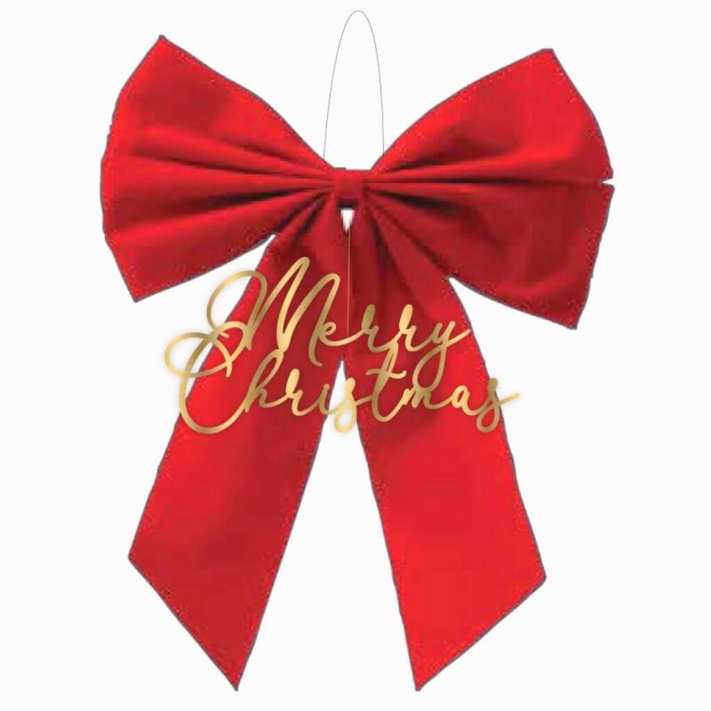 Red gathered Christmas bow with attached “Merry Christmas” sign, 36 x 30cm hanging decoration