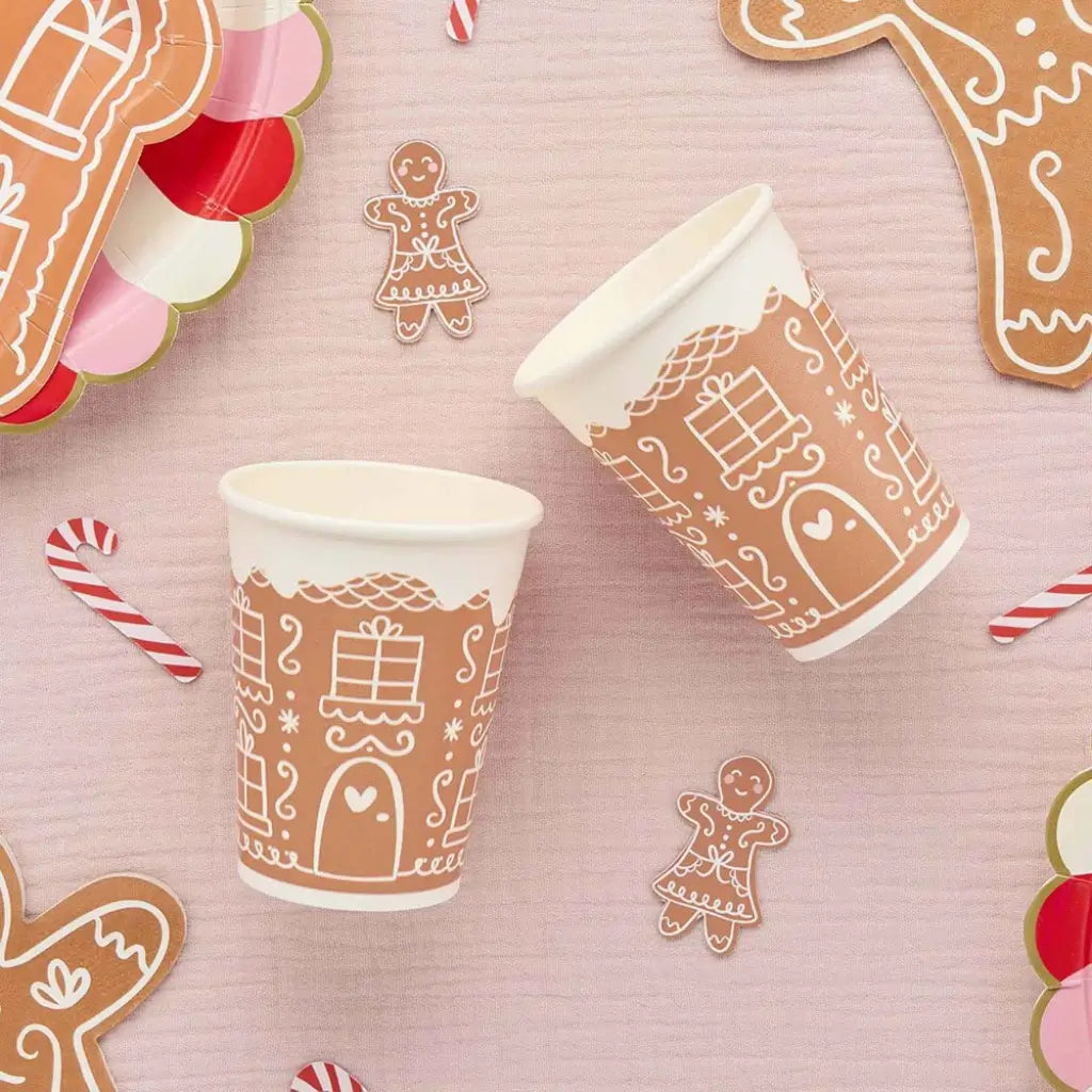 266ml gingerbread party cups displayed on a Christmas table with matching décor