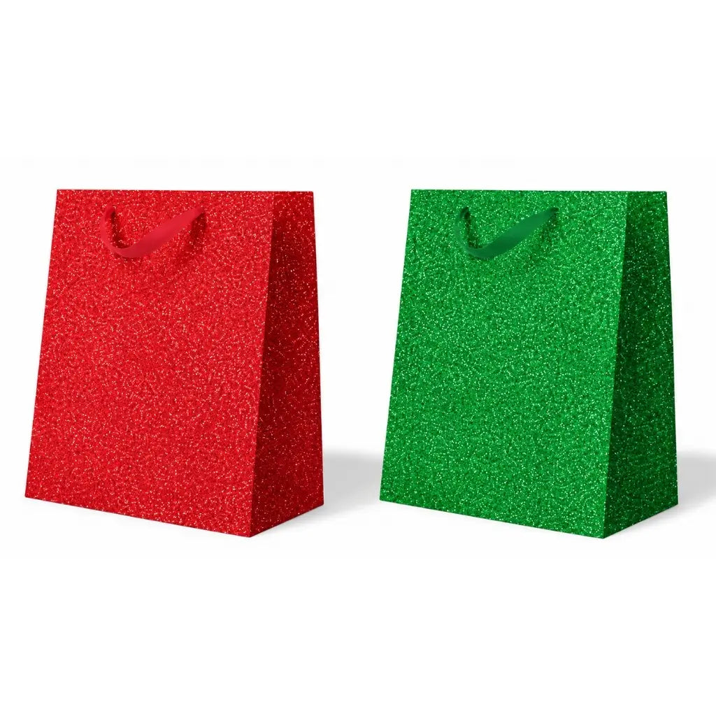 Christmas glitter gift bags available in red and green