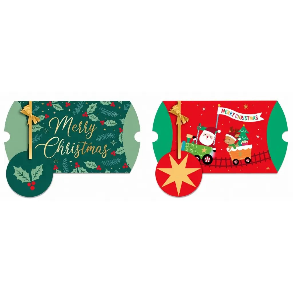Assorted Christmas money wallets with coordinating gift tags and gold ties