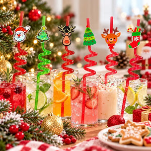 Three colourful novelty Christmas straws with spiral sections