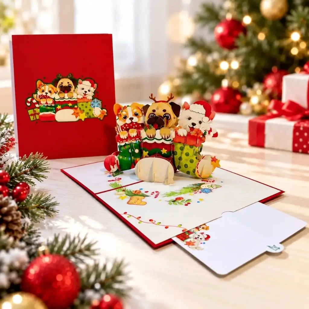 Festive pop-up Christmas card designed for dog lovers