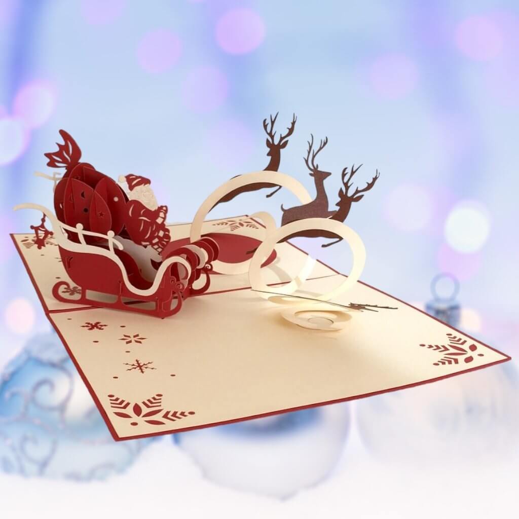 Handmade Santa On Sleigh Reindeer Pop Up Card
