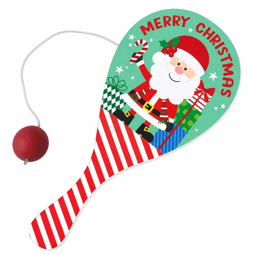 Christmas Santa paddle ball toy with striped handle and red ball