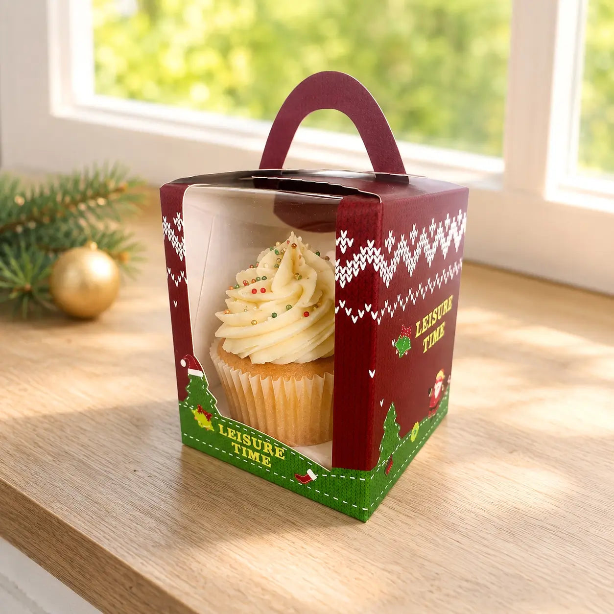 Red and green Christmas single cupcake gift box with window and handle