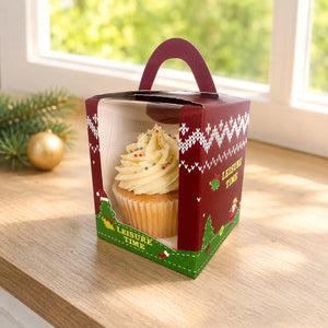 Red and green Christmas single cupcake gift box with window and handle