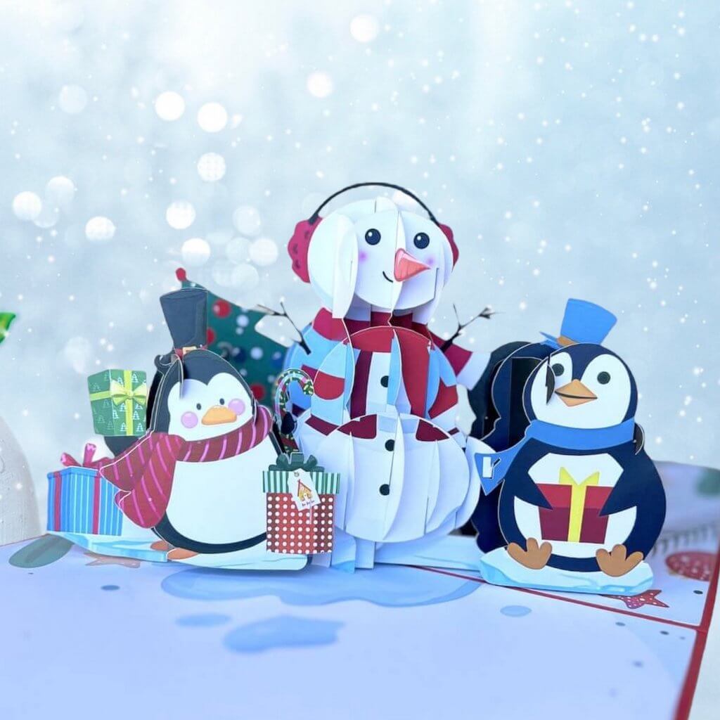 Handmade Christmas Snowman and Penguins 3D Pop Up Greeting Card