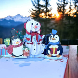Handmade Christmas Snowman and Penguins 3D Pop Up Greeting Card