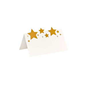 Cosy Christmas white folded place cards with gold foil star design