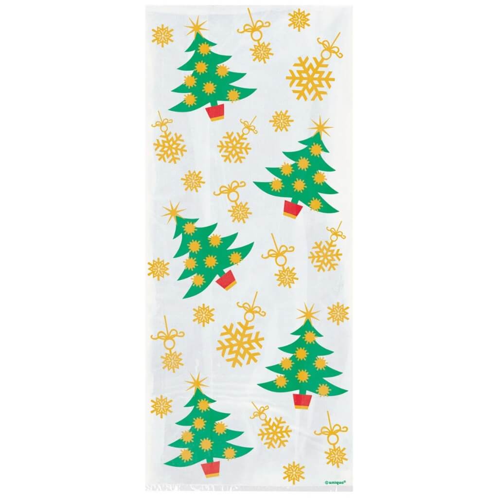 Golden Christmas Printed Cello Bags 20pk – Christmas Tree & Snowflake Party Favour Bags