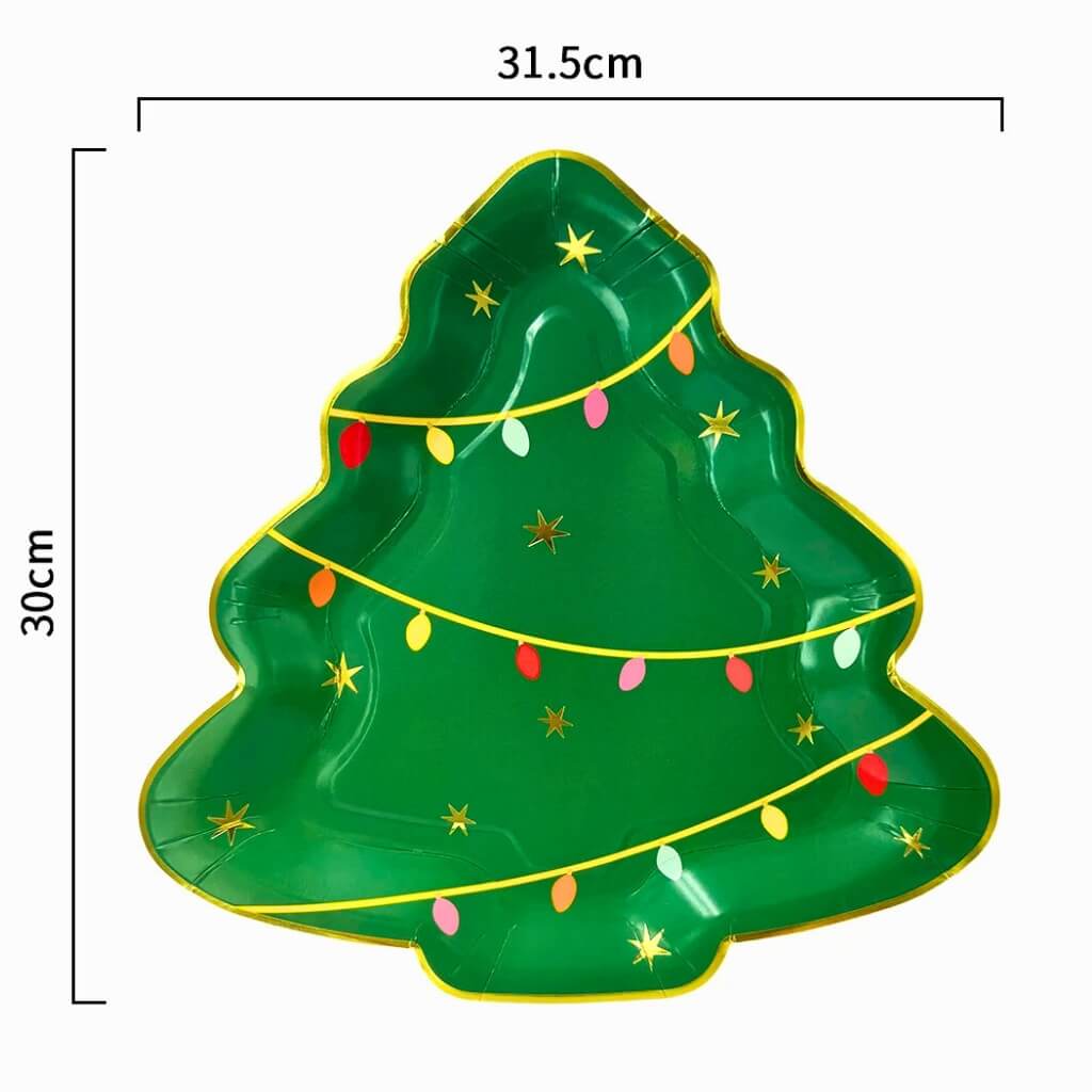 Holiday paper plate shaped like a Christmas tree with gold accents