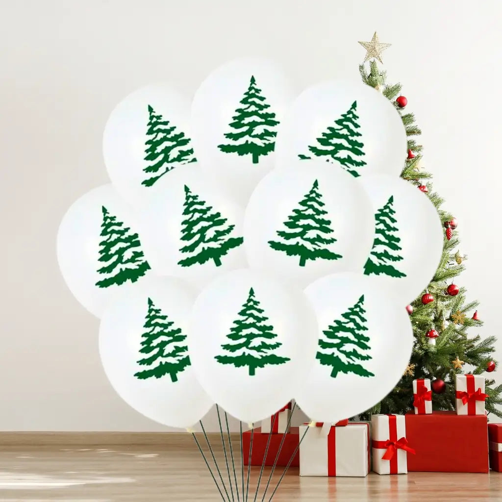 White latex Christmas balloons with green tree print 10 pack