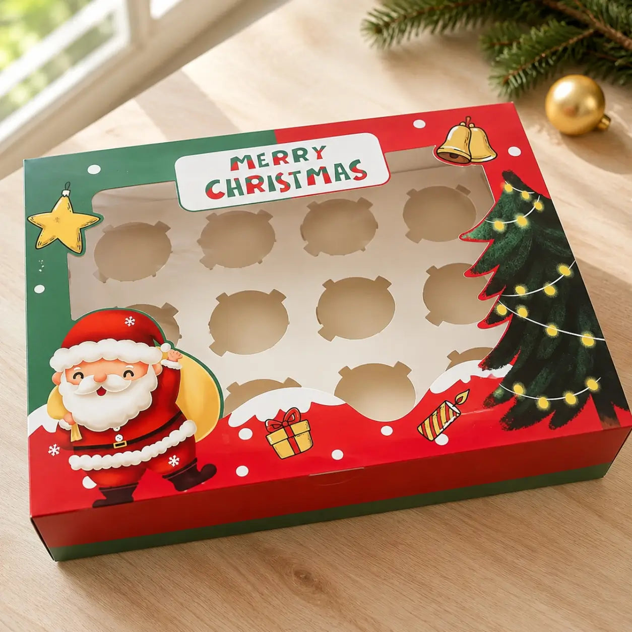 Santa Merry Christmas 12 cupcake box with clear window and insert