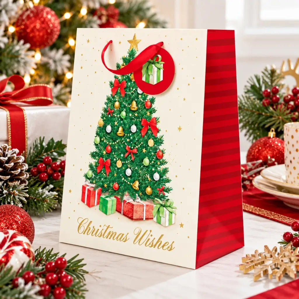 Christmas Wishes gift bag featuring a decorated festive tree