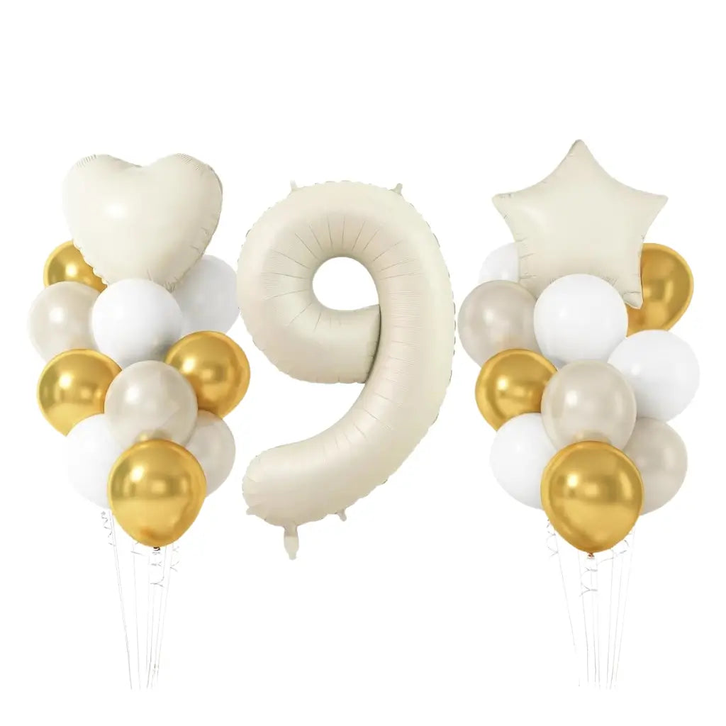 Gold & Sand White Birthday Balloon Bundle 23pk number 9Gold & Cream Birthday Balloon Bundle 23pk number 9