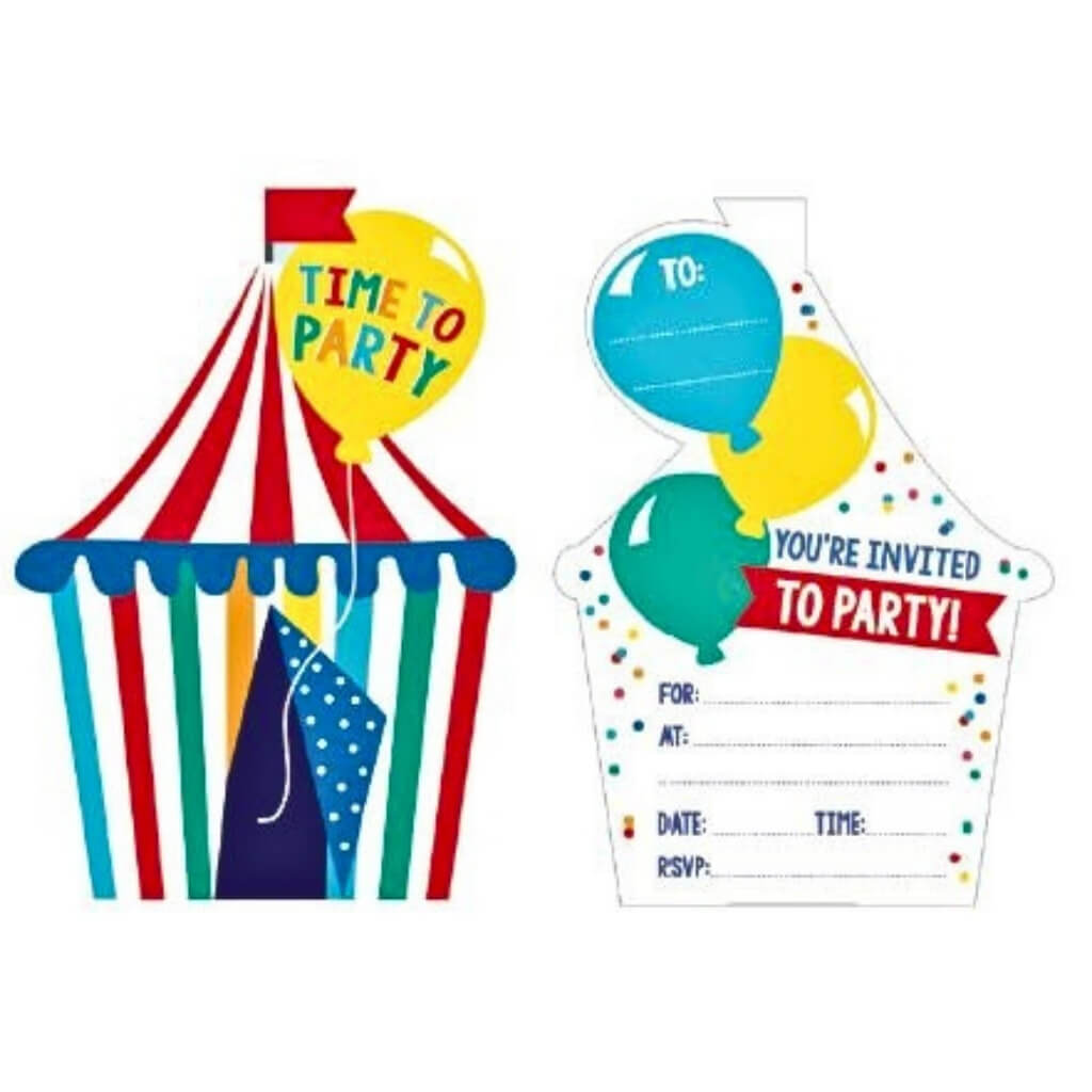 Circus party invitations featuring colourful big top tent design