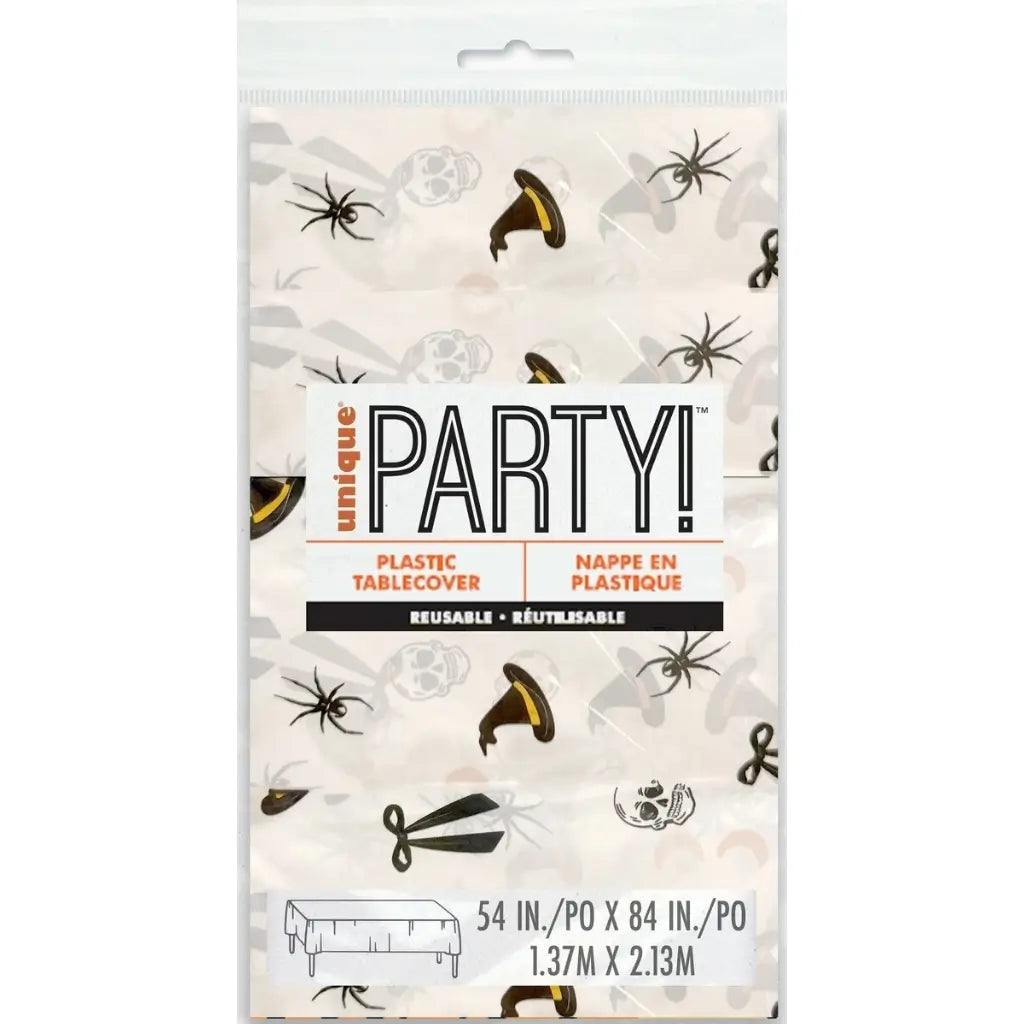 Halloween tablecover printed with spiders skulls and witch-inspired illustrations