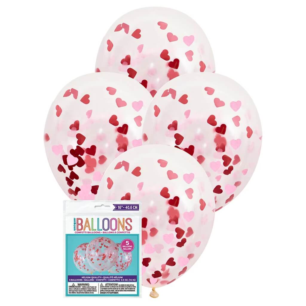 Clear latex balloons filled with pink and red heart paper confetti 5 pack