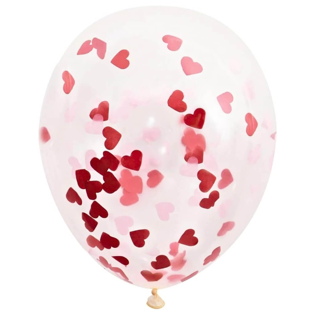 Clear latex balloons filled with pink and red heart paper confetti 5 pack
