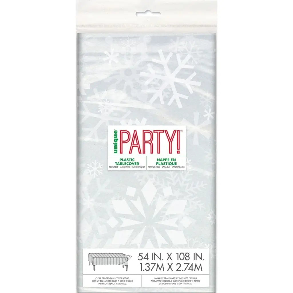 Clear Christmas plastic tablecover printed with white snowflakes