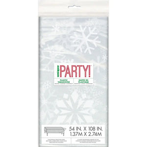 Clear Christmas plastic tablecover printed with white snowflakes