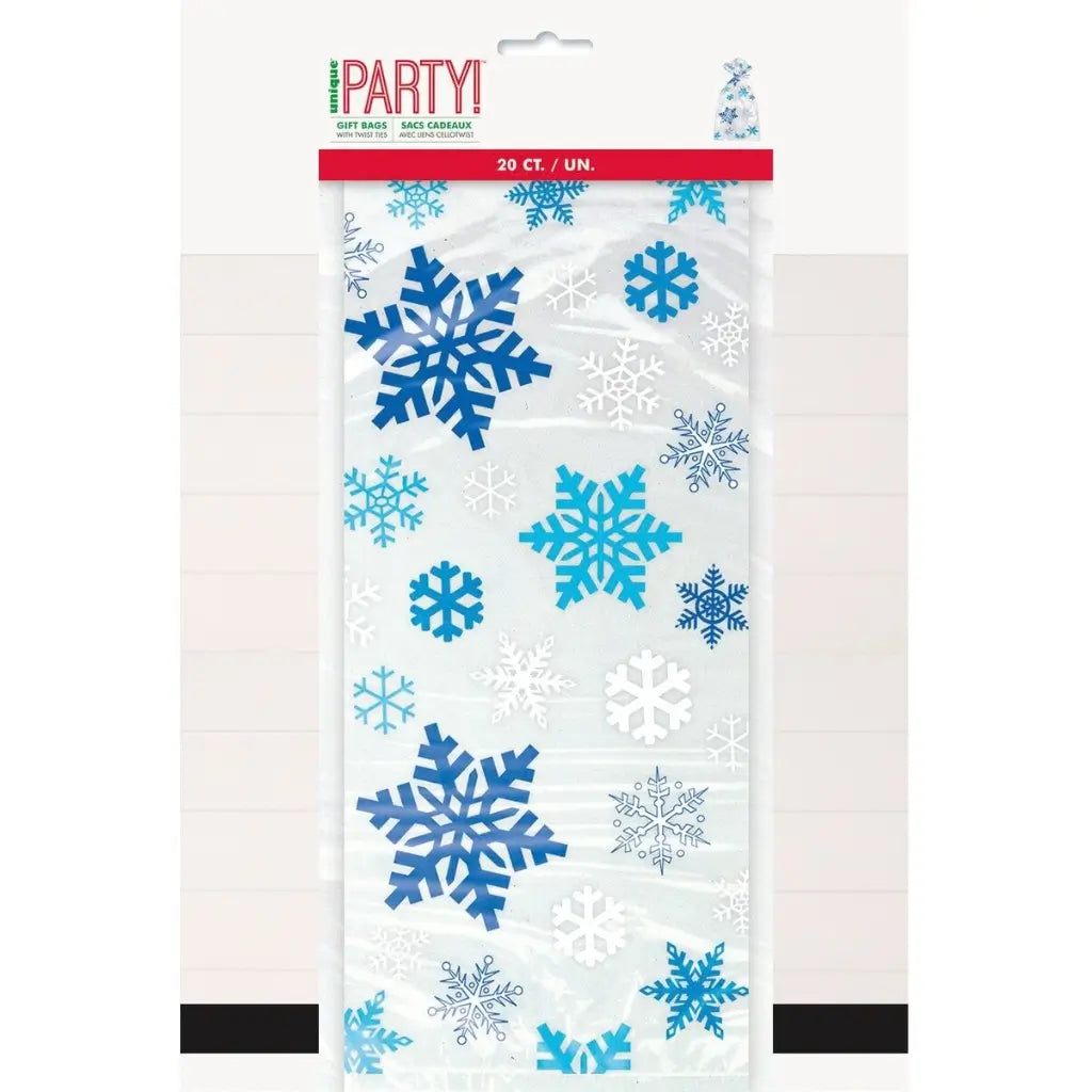 Blue snowflake Christmas cello bags with silver twist ties