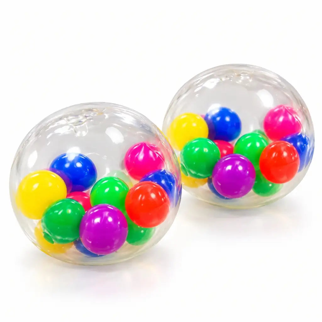 Clear squishy ball containing fourteen colourful mini balls