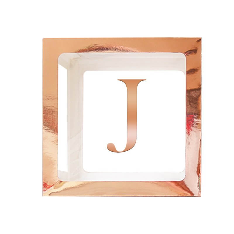 Metallic Rose Gold Balloon Cube Box with Letter J