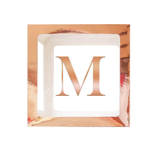 Metallic Rose Gold Balloon Cube Box with Letter M