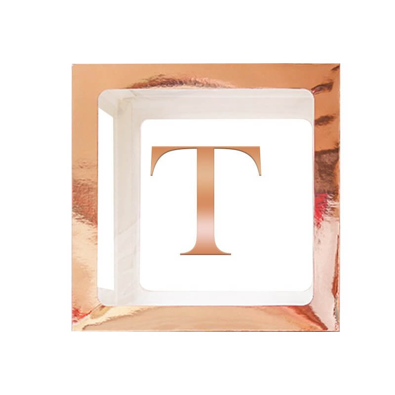 Metallic Rose Gold Balloon Cube Box with Letter T