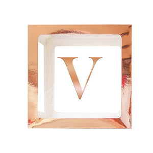 Metallic Rose Gold Balloon Cube Box with Letter V