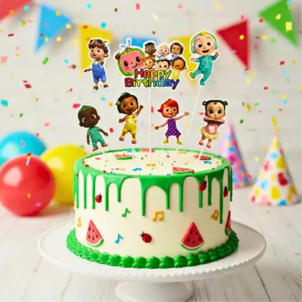 Cocomelon 6-piece cake topper set featuring JJ, TomTom, YoYo, Nina & Cece