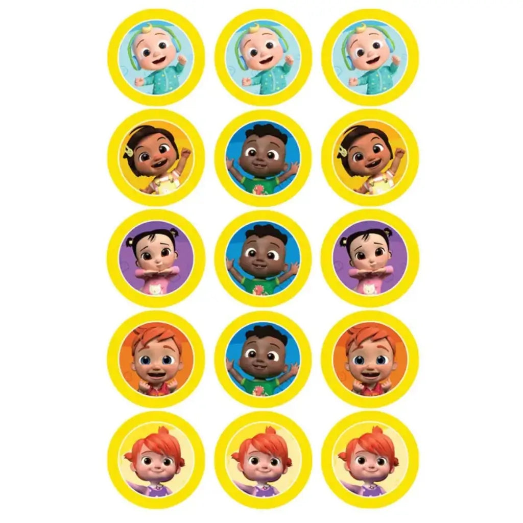 Cocomelon edible cupcake toppers featuring six colourful character designs on a 5cm pre-cut edible image sheet with 15 cupcake decorations for first birthdays and children's parties.