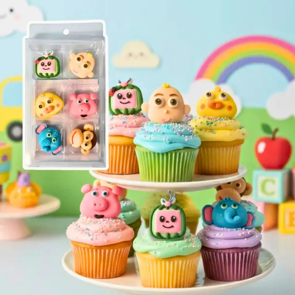Cocomelon edible sugar decorations featuring JJ, Cody, TomTom, YoYo, Bingo the Elephant and the Cocomelon TV for decorating birthday cupcakes, cakes and party desserts, 6-piece pack.