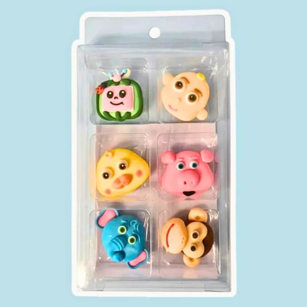 Cocomelon edible sugar decorations featuring JJ, Cody, TomTom, YoYo, Bingo the Elephant and the Cocomelon TV for decorating birthday cupcakes, cakes and party desserts, 6-piece pack.