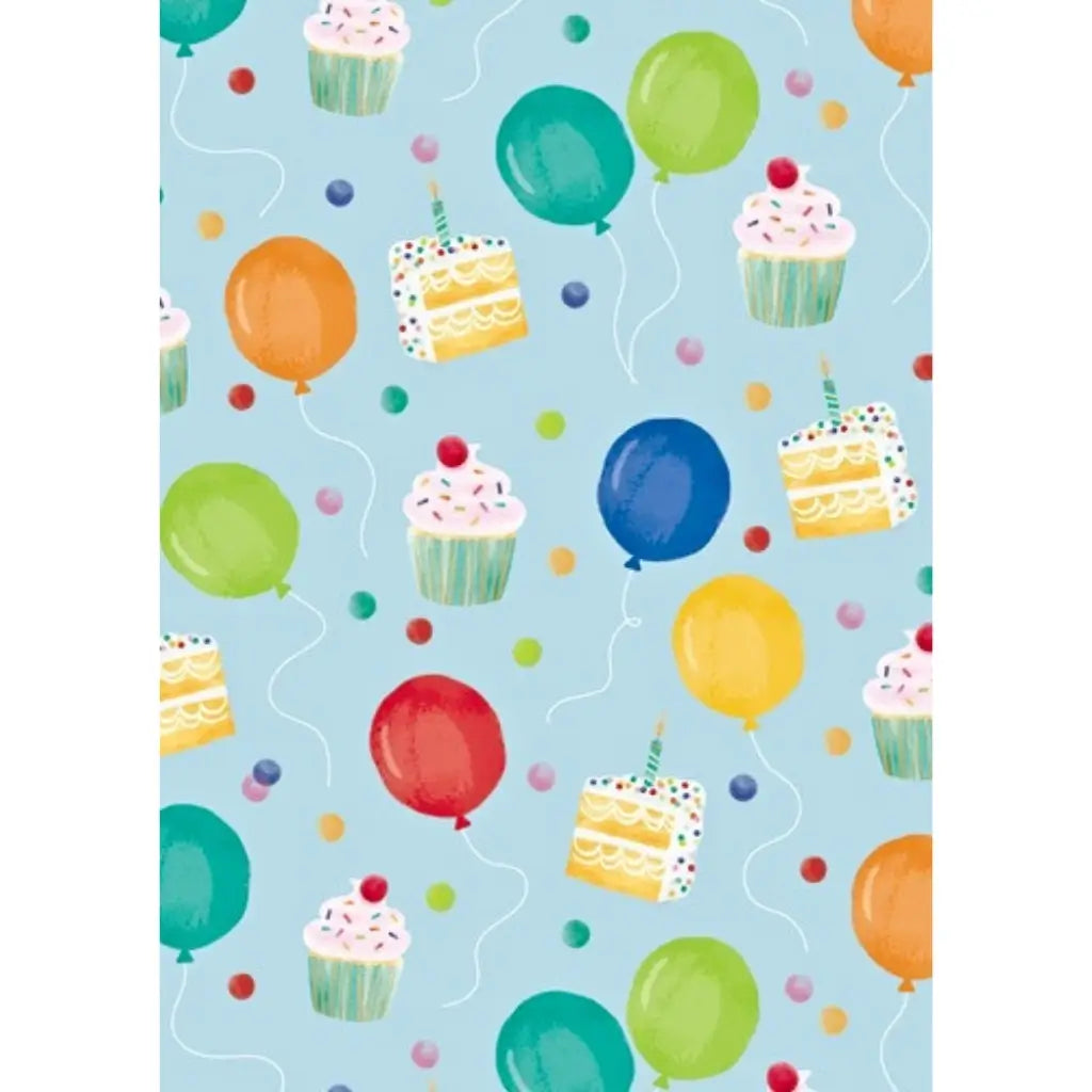 Colourful cake cupcake and balloon wrapping paper on a light blue background