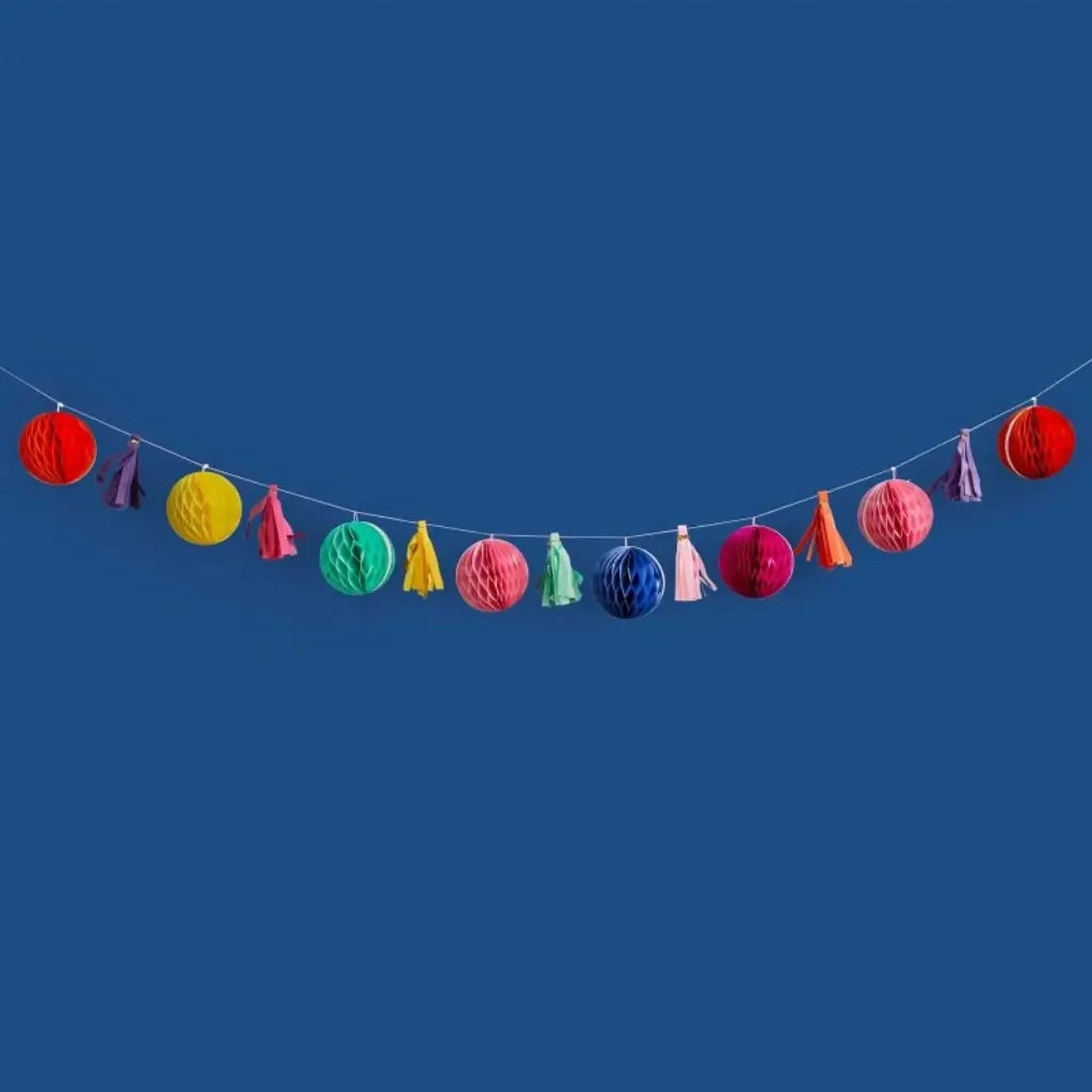 Happy Diwali colourful honeycomb and tassel garland 2 metres