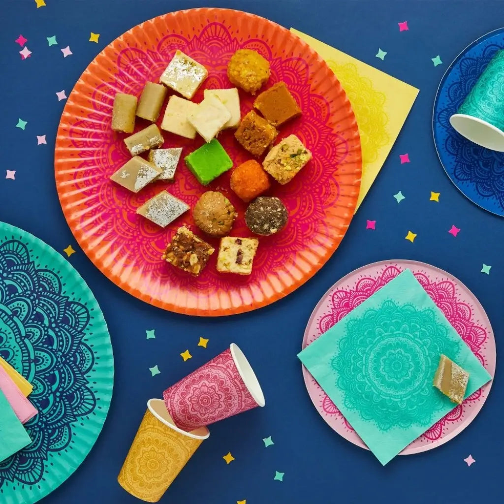 Assorted mandala Diwali party tableware table settings