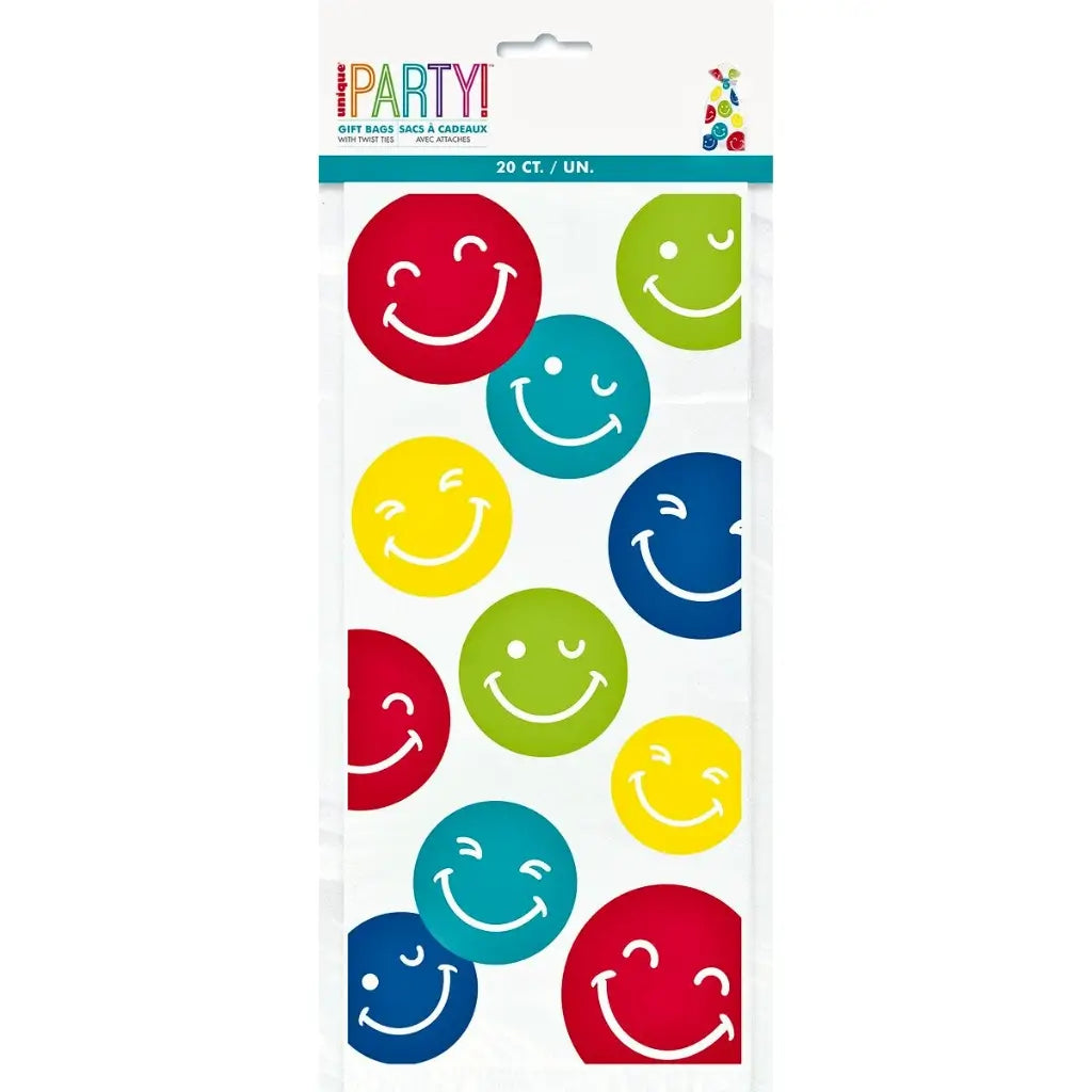 Colourful Happy Face Cello Treat Bags with Twist Ties 20 Pack