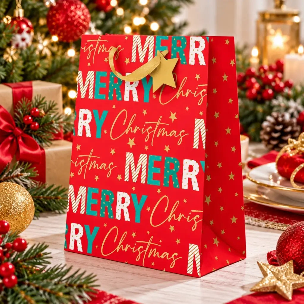 Colourful Merry Christmas present bag with teal, white and gold text