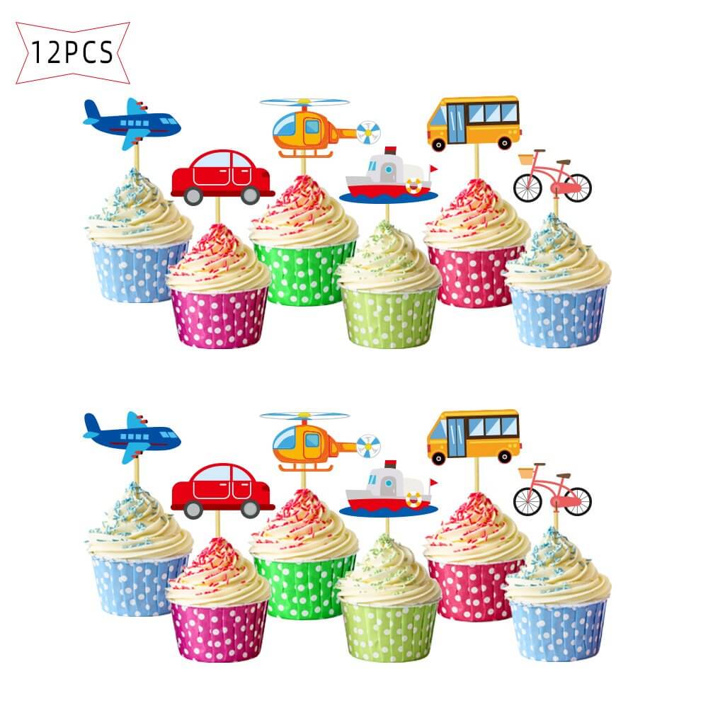 Colourful Transporation Vehicle Paper Cupcake Topper 12 Pack