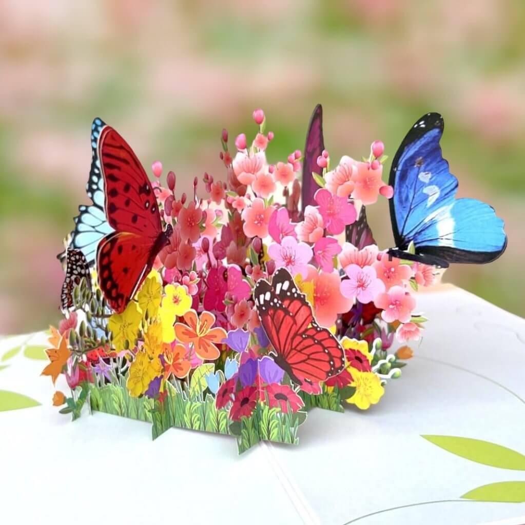 Colourful Spring Butterflies Resting on Flower Garden Bed Pop Up Card