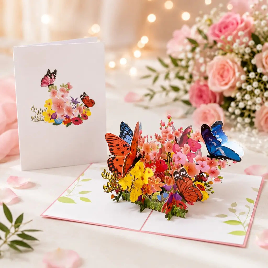 Colourful Spring Butterflies Resting on Flower Garden Bed Pop Up Greeting Blank Card