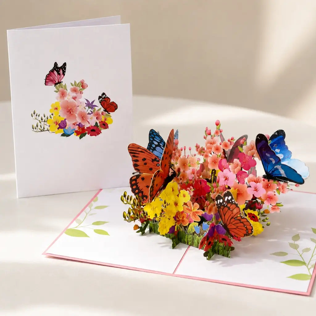 Colourful Spring Butterflies Resting on Flower Garden Bed Pop Up Greeting Blank Card
