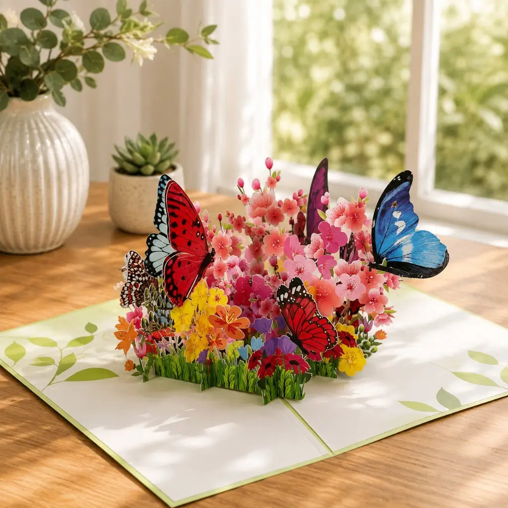 Colourful Spring Butterflies Resting on Flower Garden Bed Pop Up Greeting Blank Card