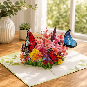 Colourful Spring Butterflies Resting on Flower Garden Bed Pop Up Greeting Blank Card