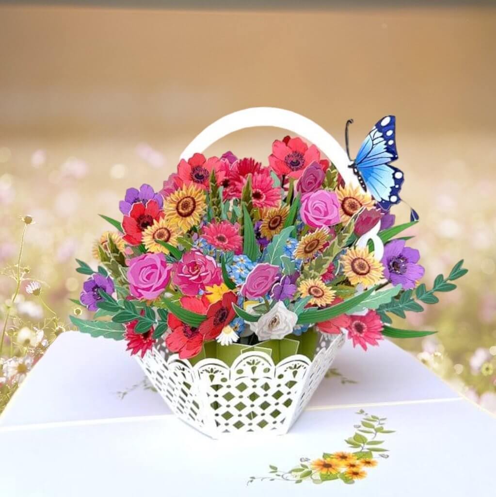 Handmade Colourful Spring Flower Basket 3D Floral Pop Up Card - Cream Cover