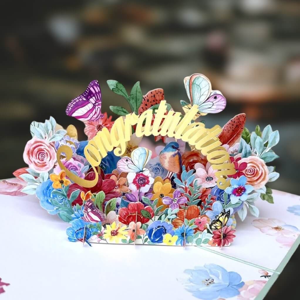 CONGRATULATIONS in Spring Garden 3D Pop Up Greeting Card - Blue Cover
