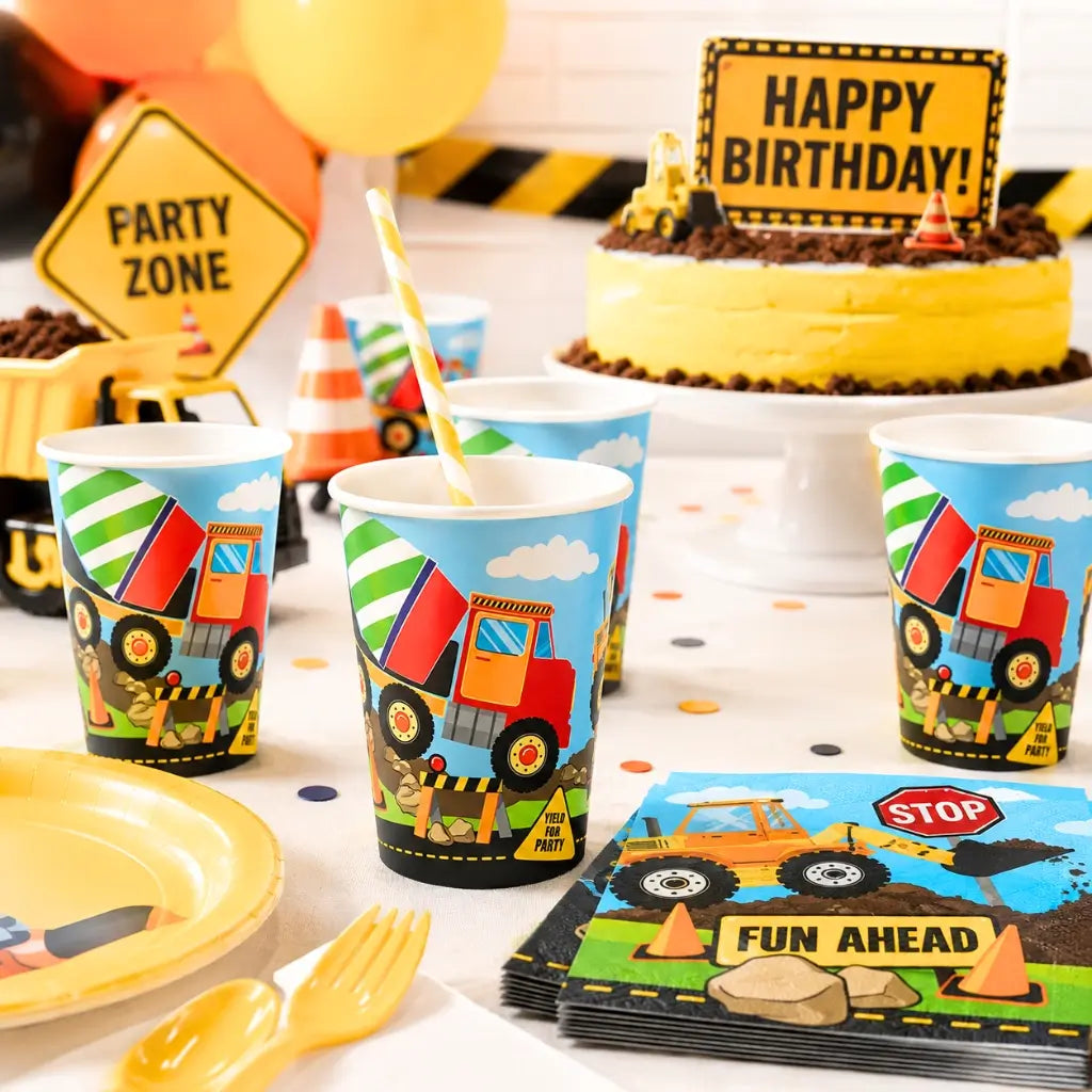 Construction birthday party cups featuring cement mixer truck