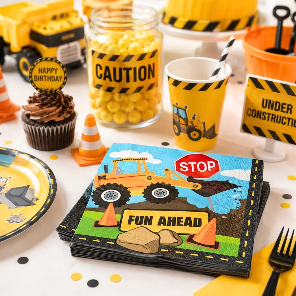 Construction birthday luncheon napkins featuring bulldozer design